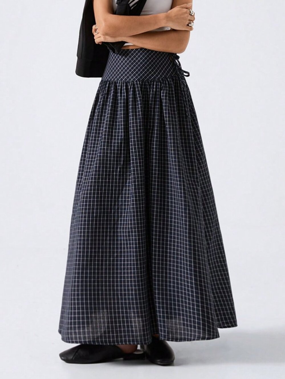 Multicolor Casual Women's Plaid Low Rise Flared Side Tie Maxi Skirt - Picture 3 of 6